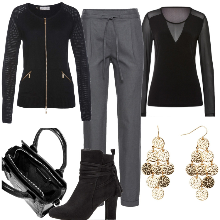 Outfit donna - Serata a cena fuori. Stile Trendy per Serata fuori. Abbinamento con pantaloni, cardigans, maglieria, stivaletti, orecchini, borse a mano.