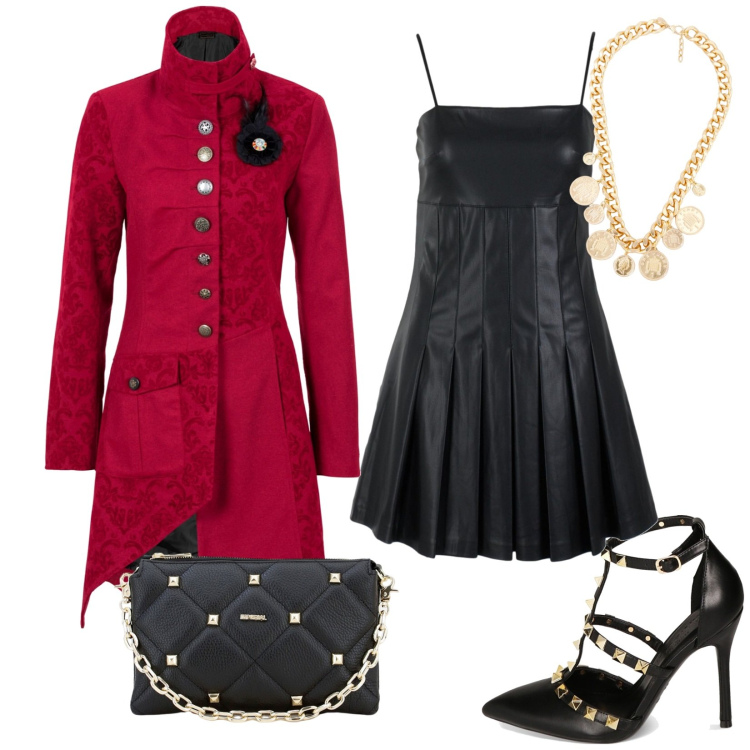 Outfit donna - Rock \'n\' red. Stile Rock per Serata fuori. Abbinamento con cappotti, pochette, décolleté, collane, vestiti.