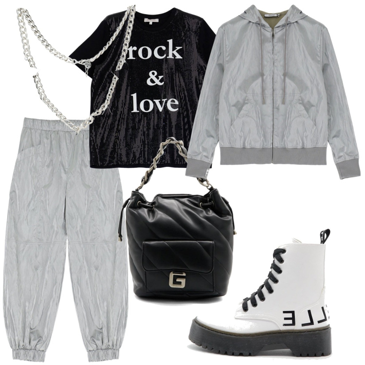Outfit donna - Metallizzato. Stile Rock per Tutti i giorni. Abbinamento con cappotti, t-shirt, pantaloni capri, collane, anfibi, borse a spalla.