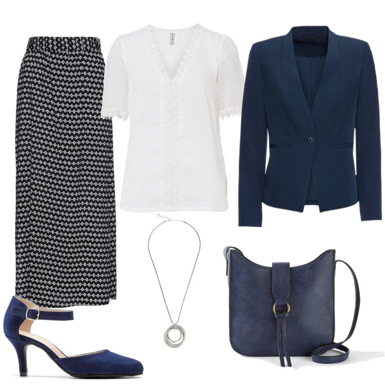 Outfit donna - Look Bonprix ( donna curvy). Stile Casual chic per Ufficio. Abbinamento con blazer, décolleté, gonne lunghe, bluse, borse a tracolla, collane.