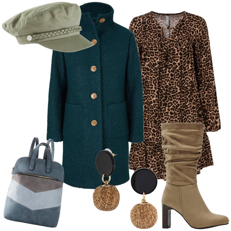 Outfit donna - Animalier. Stile Trendy per Serata fuori. Abbinamento con cappotti, orecchini, vestiti corti, stivali, zaini, cappelli.