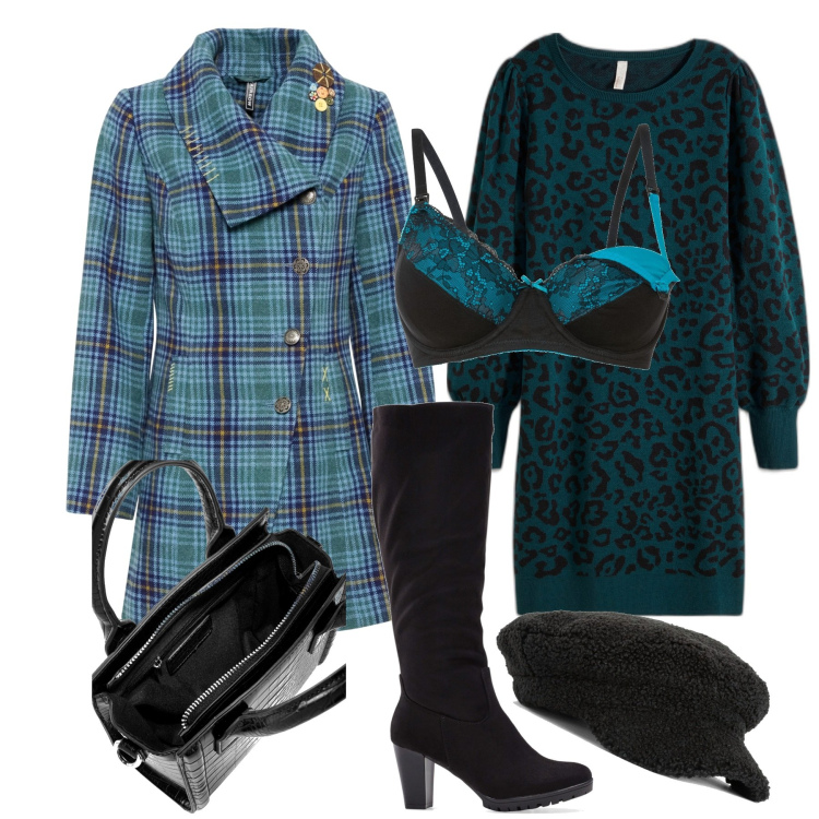 Outfit donna - Cappottino check. Stile Chic per Tutti i giorni. Abbinamento con stivali, vestiti, cappotti, reggiseni, borse a mano, cappelli con visiera.