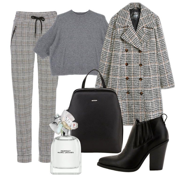 Outfit donna - Pantalone e cappotto coordinati. Stile Bon Ton per Ufficio. Abbinamento con pantaloni, cappotti, profumi, maglieria, stivaletti, zaini.