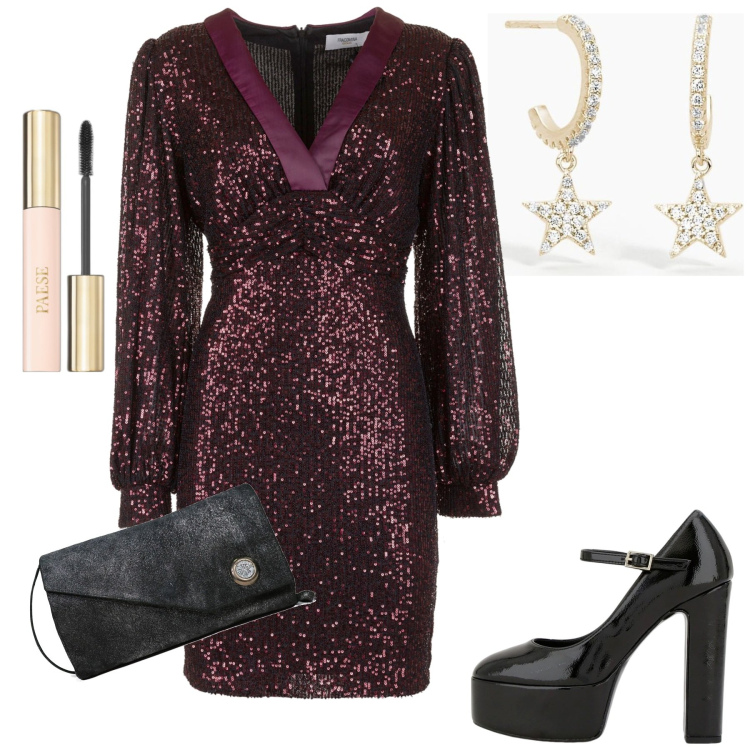 Outfit donna - Festa di fine anno. Stile Glamour per Serata fuori. Abbinamento con borse a spalla, mascara, orecchini, vestiti, décolleté.