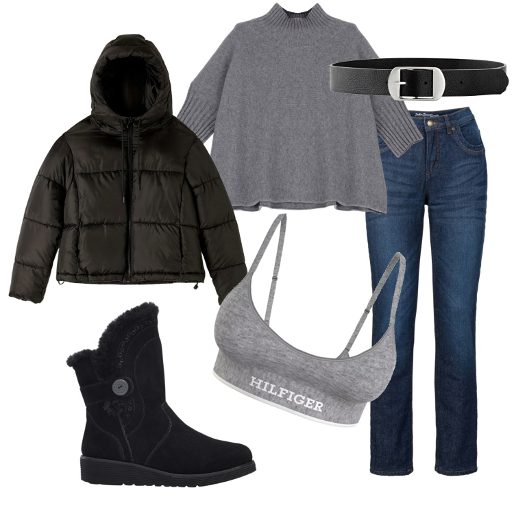 Outfit donna - Casual. Stile Casual per Tutti i giorni. Abbinamento con stivali, jeans dritti, cinture, piumini, maglieria, bralette.