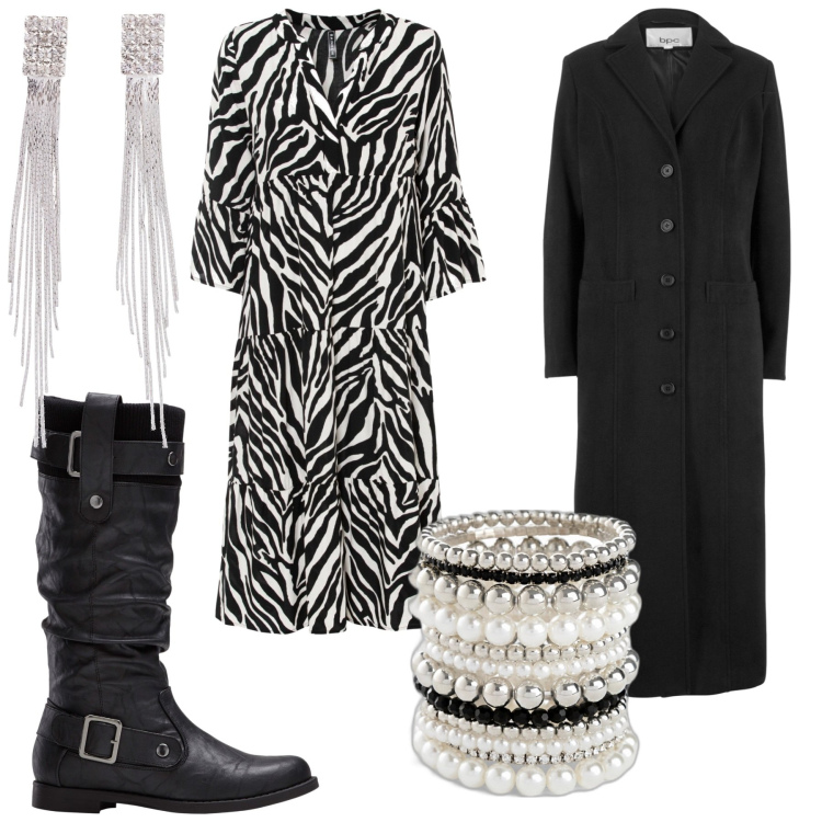Outfit donna - Animalier. Stile Casual chic per Serata fuori. Abbinamento con braccialetti, cappotti, orecchini, vestiti midi/longuette, stivali sopra il ginocchio.
