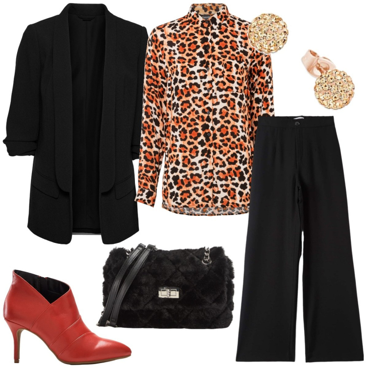 Outfit donna - Aperitivo. Stile Casual chic per Serata fuori. Abbinamento con blazer, camicie, stivaletti, pantaloni, borse a spalla, orecchini.