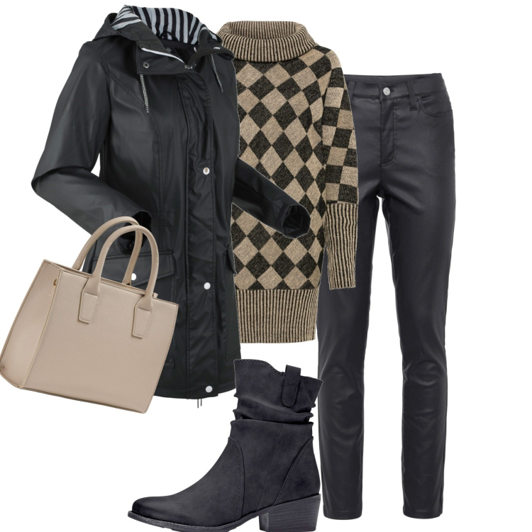 Outfit donna - Il pull lungo. Stile Basic per Tutti i giorni. Abbinamento con stivaletti texani, maglieria, blazer, pantaloni skinny, shopping bag.