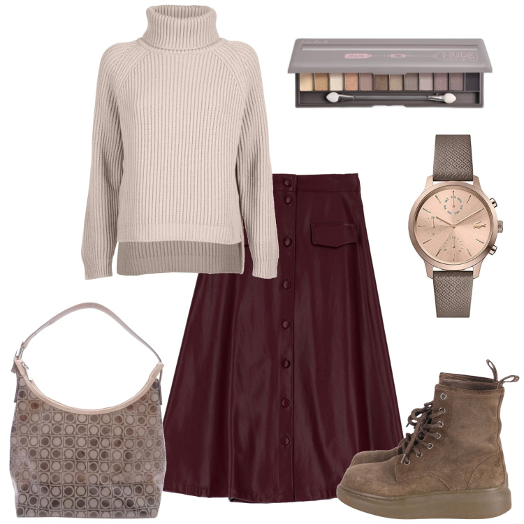 Outfit donna - L\'orologio. Stile Casual per Tutti i giorni. Abbinamento con anfibi, borse a spalla, ombretti, gonne longuette, orologi analogici, maglieria.