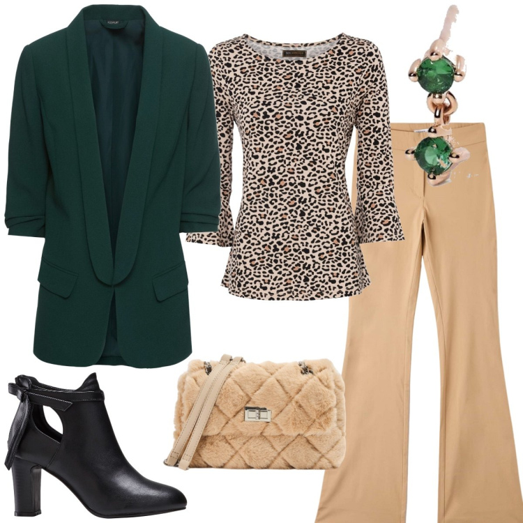 Outfit donna - Pomeriggio. Stile Casual chic per Tutti i giorni. Abbinamento con blazer, stivaletti, maglieria, pantaloni, borse a spalla, orecchini.