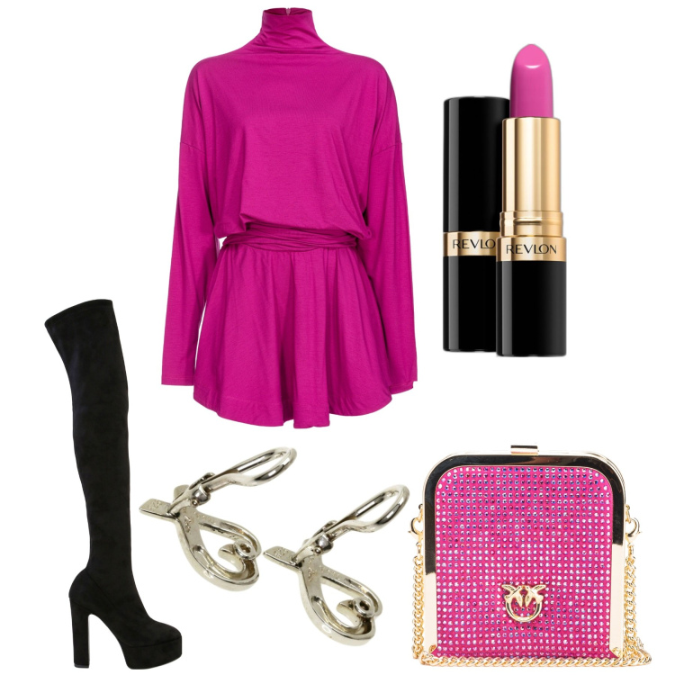 Outfit donna - Lo stile di Pinko. Stile Chic per Serata fuori. Abbinamento con orecchini, rossetti, vestiti corti, clutch, stivali sopra il ginocchio.