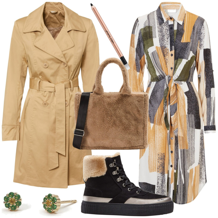 Outfit donna - Total look #1756708. Stile Casual per Tutti i giorni. Abbinamento con vestiti chemisier, stivaletti, trench, eyeliner, shopping bag, orecchini.