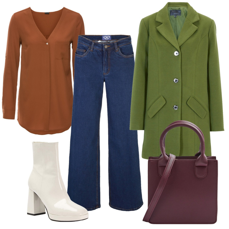 Outfit donna - Il jeans anni 70. Stile Vintage retrò per Ufficio. Abbinamento con camicie, cappotti, jeans, stivaletti, shopping bag.