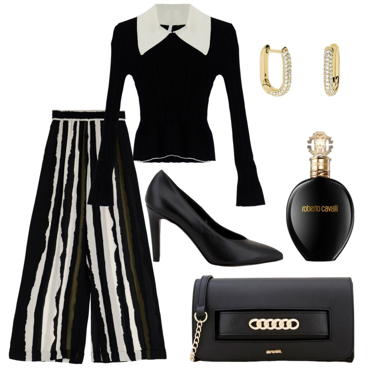 Outfit donna - Noir. Stile Chic per Serata fuori. Abbinamento con profumi, orecchini, maglieria, pantaloni a palazzo, pochette, décolleté.