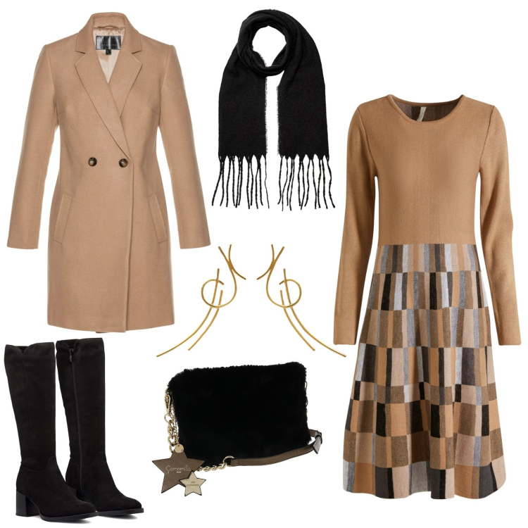 Outfit donna - Quadretti in maglina. Stile Basic per Ufficio. Abbinamento con vestiti, cappotti, stivali sopra il ginocchio, borse a tracolla, orecchini, sciarpe.