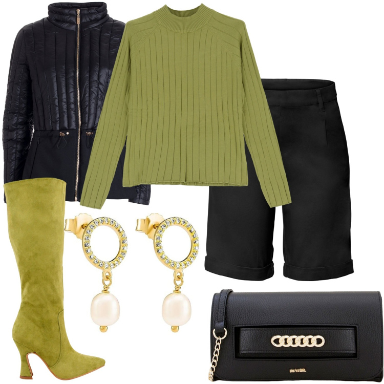 Outfit donna - Verde acido per una serata. Stile Glamour per Serata fuori. Abbinamento con bermuda, piumini, pochette, stivali, pullovers, orecchini.