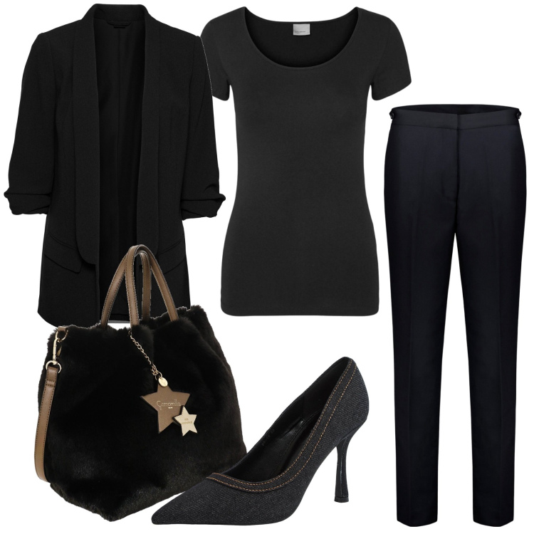 Outfit donna - La borsa che sdrammatizza. Stile Minimal per Ufficio. Abbinamento con blazer, décolleté, t-shirt, pantaloni, borse a mano.