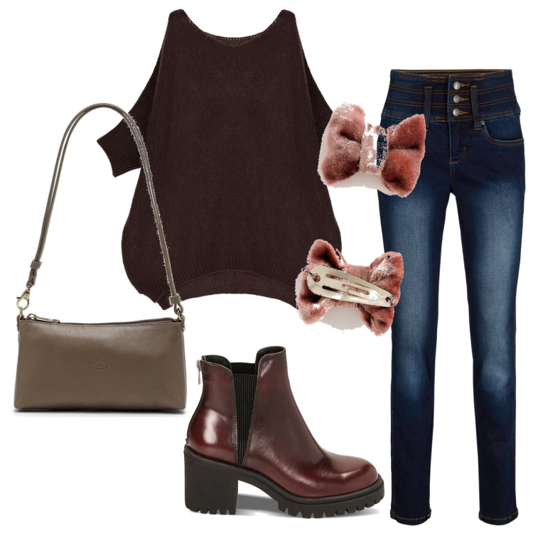 Outfit donna - Total look #1756778. Stile Casual per Tutti i giorni. Abbinamento con jeans, stivaletti chelsea, pullovers, accessori per capelli, borse a spalla.