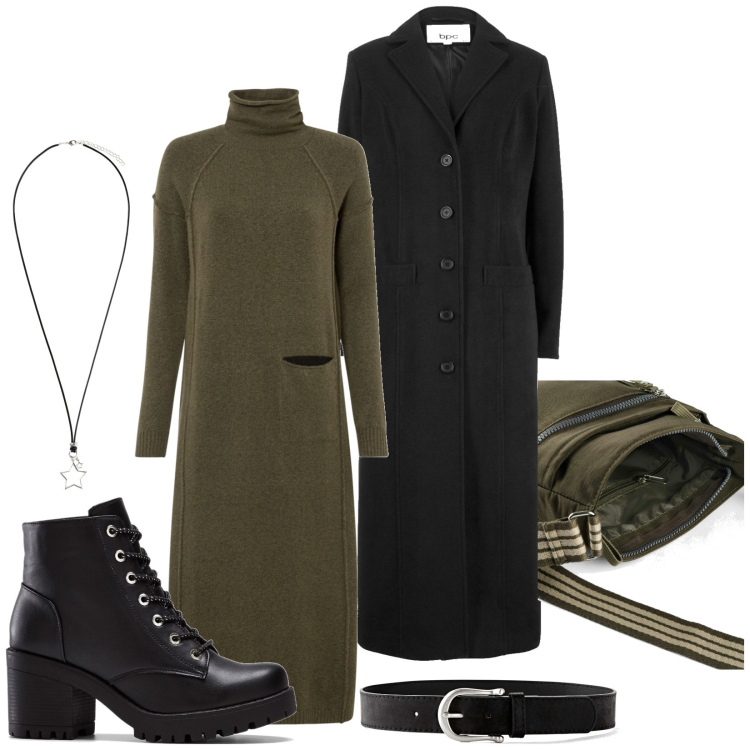 Outfit donna - Novembre. Stile Military per Serata fuori. Abbinamento con vestiti, stivaletti, cappotti, cinture, borse a tracolla, collane.