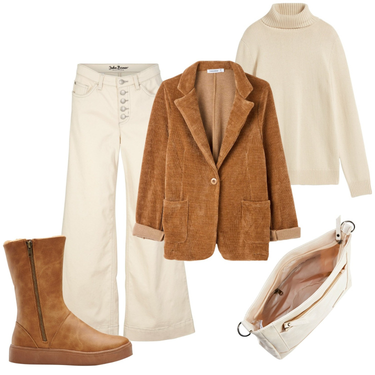 Outfit donna - Autunno. Stile Mannish per Tutti i giorni. Abbinamento con stivali, jeans, maglieria, borse a tracolla, cappotti.