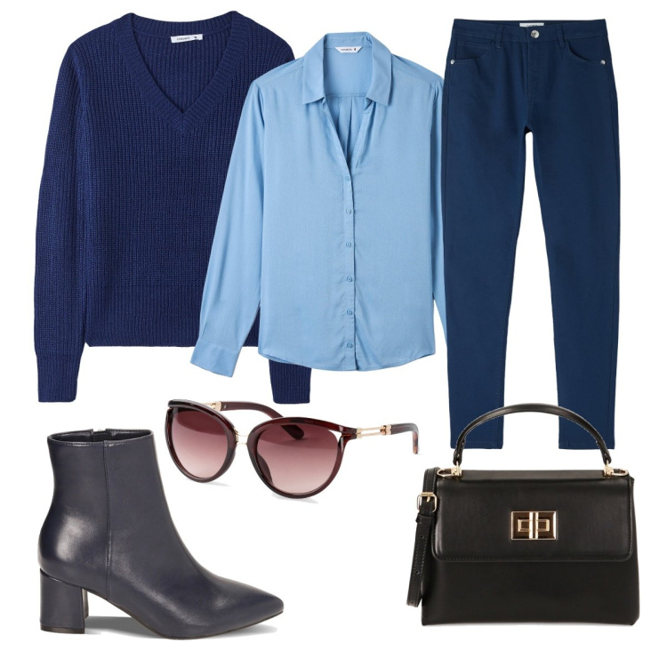 Outfit donna - Sunny work day in New York. Stile Casual chic per Ufficio. Abbinamento con occhiali da sole, camicie, maglieria, pantaloni, borse a mano, stivaletti.