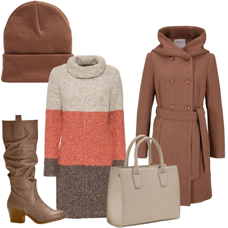 Outfit donna - Assaggio invernale. Stile Basic per Tutti i giorni. Abbinamento con vestiti, stivali, cappotti, shopping bag, berretti.