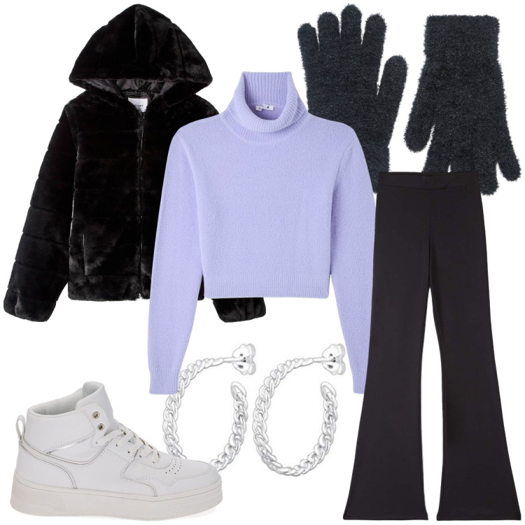 Outfit donna - Shopping in Brooklyn. Stile Casual per Tutti i giorni. Abbinamento con leggings, ecopellicce, maglieria, guanti, sneakers alte, orecchini.