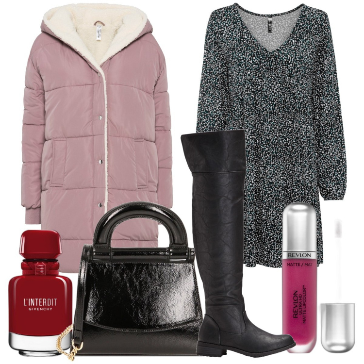 Outfit donna - Happy hour a Midtown. Stile Glamour per Serata fuori. Abbinamento con vestiti, cappotti, stivali sopra il ginocchio, profumi, rossetti, borse a mano.