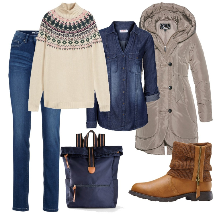 Outfit donna - Montagna ma non solo. Stile Casual per Tutti i giorni. Abbinamento con blazer, zaini, jeans slim fit, maglieria, camicie, stivaletti.
