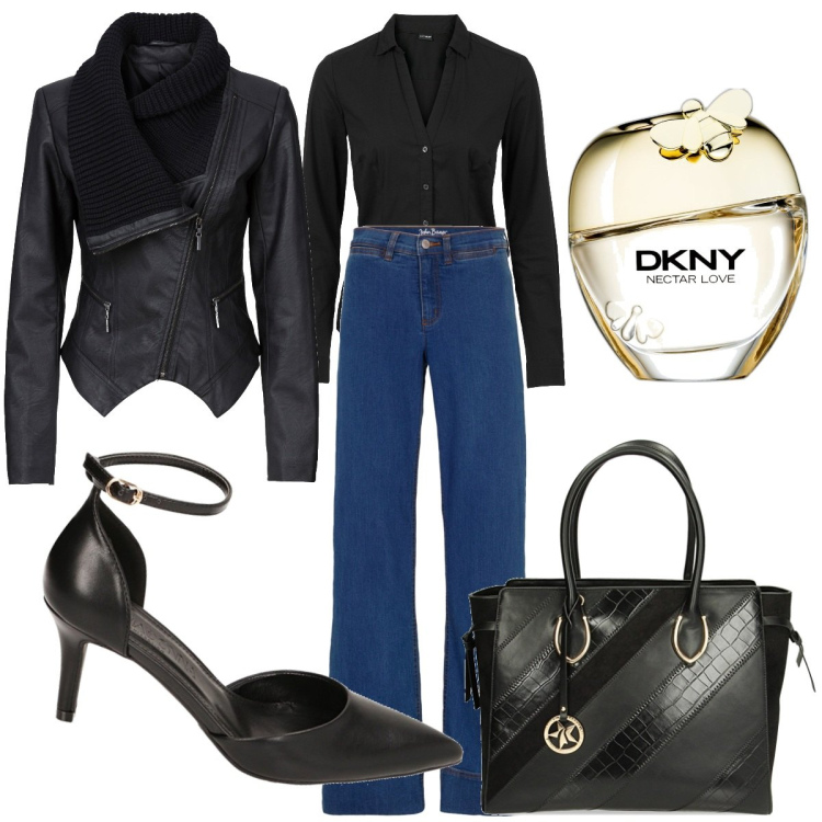 Outfit donna - Black & Denim. Stile Trendy per Serata fuori. Abbinamento con blazer, camicie, jeans, profumi, borse a spalla, décolleté.