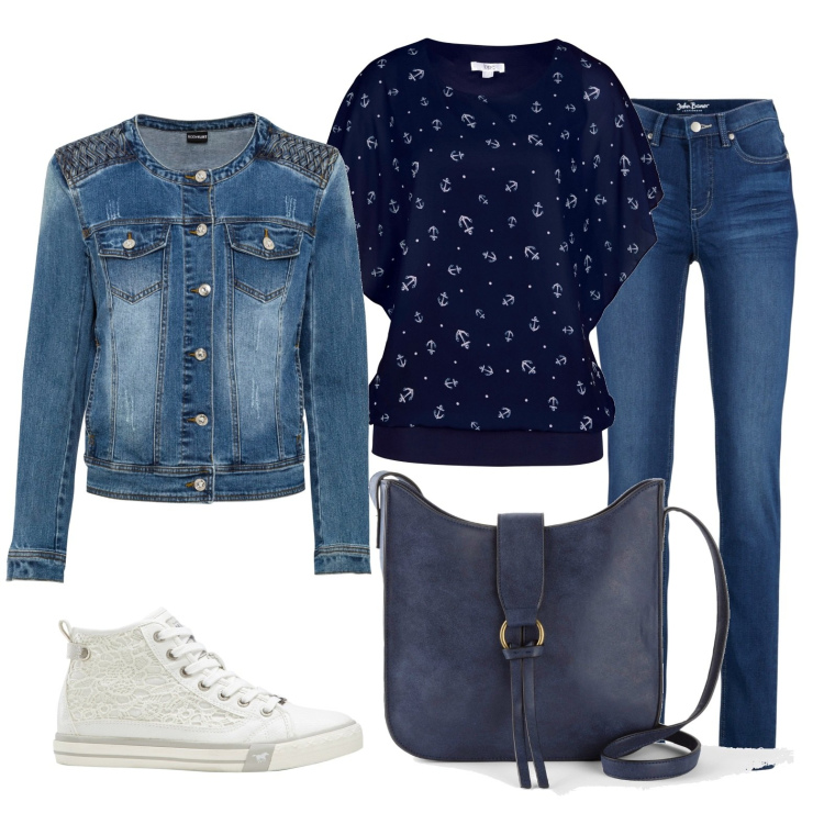 Outfit donna - Total look #1756860. Stile Casual per Tutti i giorni. Abbinamento con bluse, jeans slim fit, blazer, sneakers, borse a tracolla.