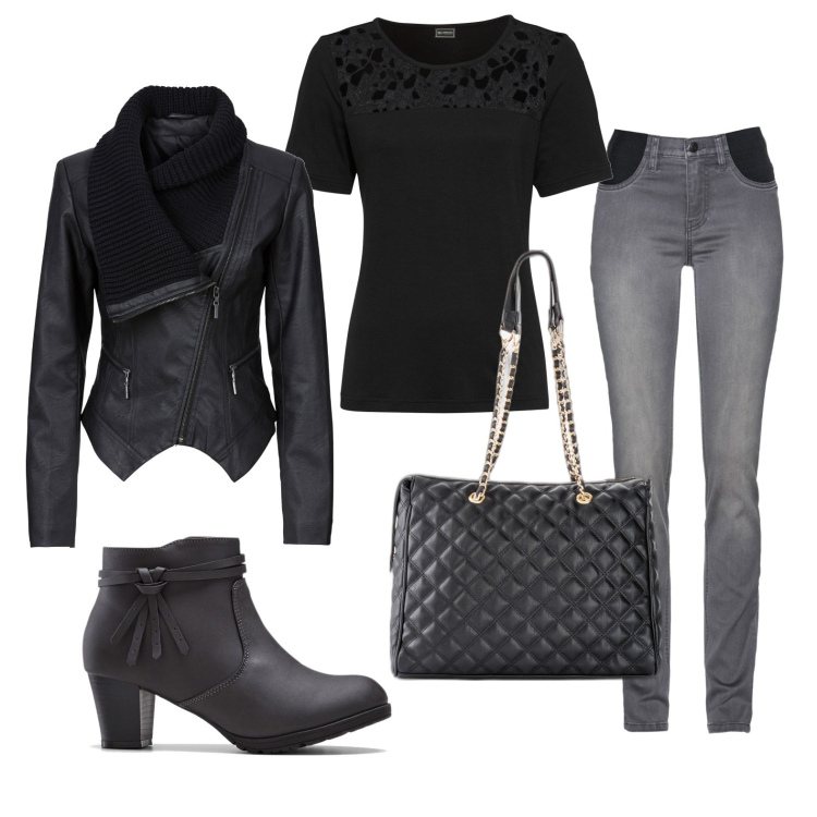 Outfit donna - Total look #1756863. Stile Casual per Tutti i giorni. Abbinamento con jeans, blazer, stivaletti, shopping bag, pullover in ciniglia.