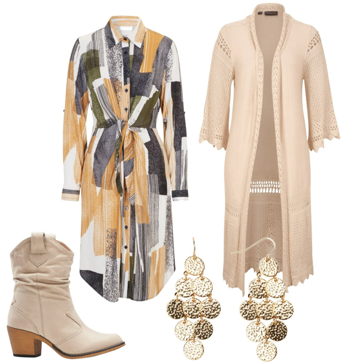 Outfit donna - Special beige. Stile Casual chic per Ufficio. Abbinamento con cardigans, stivaletti texani, vestiti chemisier, orecchini.
