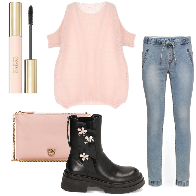Outfit donna - Romantica in rosa chiaro. Stile Romantica per Tutti i giorni. Abbinamento con jeggings, mascara, borse a tracolla, pullovers, stivaletti chelsea.