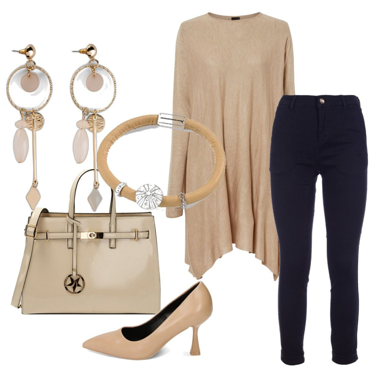 Outfit donna - Total look #1756875. Stile Trendy per Ufficio. Abbinamento con maglieria, orecchini, pantaloni, décolleté, borse a mano, braccialetti.