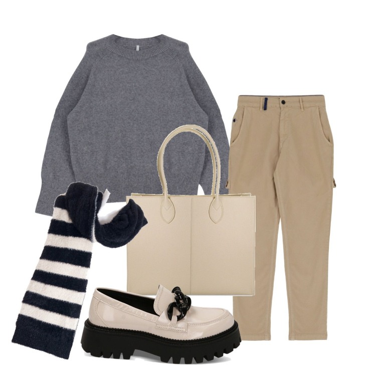 Outfit donna - Il pullover del cuore - Donna Curvy. Stile Casual per Tutti i giorni. Abbinamento con sciarpe, pullovers, pantaloni, mocassini, borse a spalla.