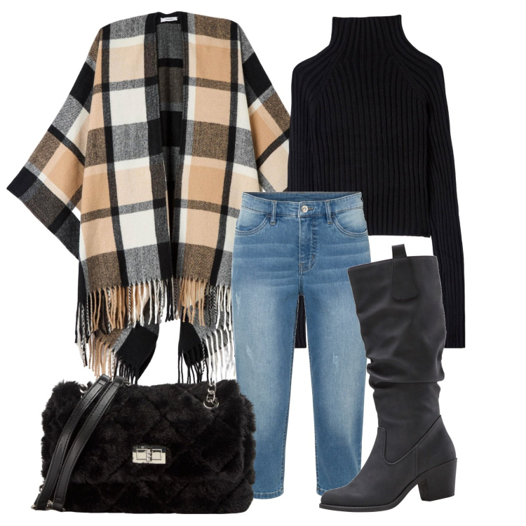 Outfit donna - Jeans e... Ed. Curvy Italy. Stile Casual per Tutti i giorni. Abbinamento con stivali, jeans, maglieria, borse a spalla, cappe.