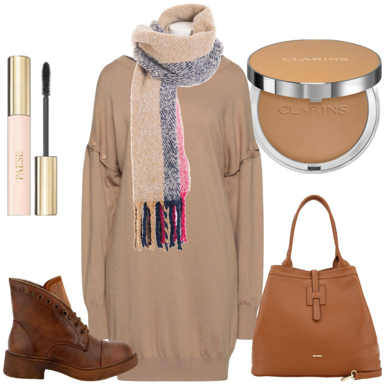 Outfit donna - La sciarpa calda. Stile Casual per Tutti i giorni. Abbinamento con vestiti corti, mascara, ciprie, sciarpe, stivaletti, borse a secchiello.