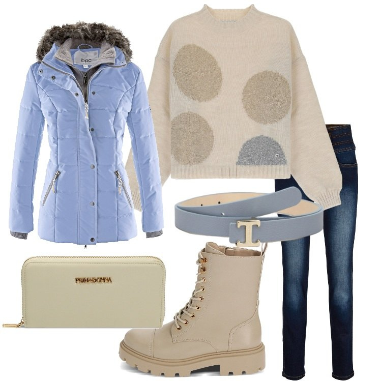 Outfit donna - Il mio pullover del cuore. Stile Basic per Tutti i giorni. Abbinamento con piumini, jeans slim fit, pullovers, cinture, anfibi, portafogli.