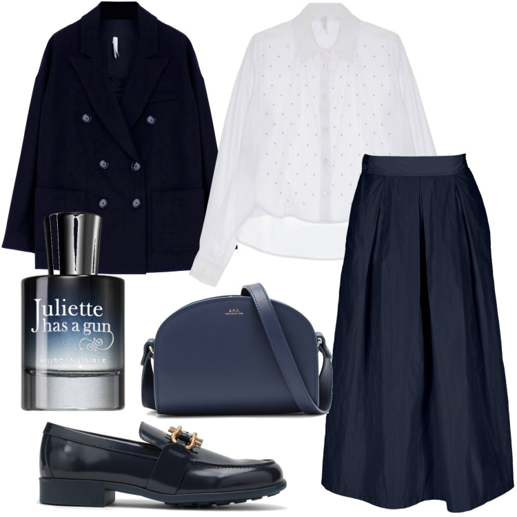 Outfit donna - Preppy. Stile Preppy per Scuola/Università. Abbinamento con profumi, blazer, camicie, gonne, mocassini, borse a tracolla.