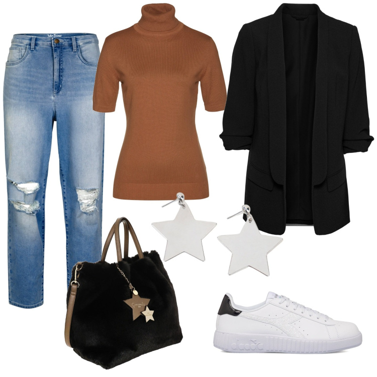 Outfit donna - In ufficio con morbidezza. Stile Casual chic per Ufficio. Abbinamento con maglieria, blazer, jeans mom, orecchini, sneakers, borse a mano.