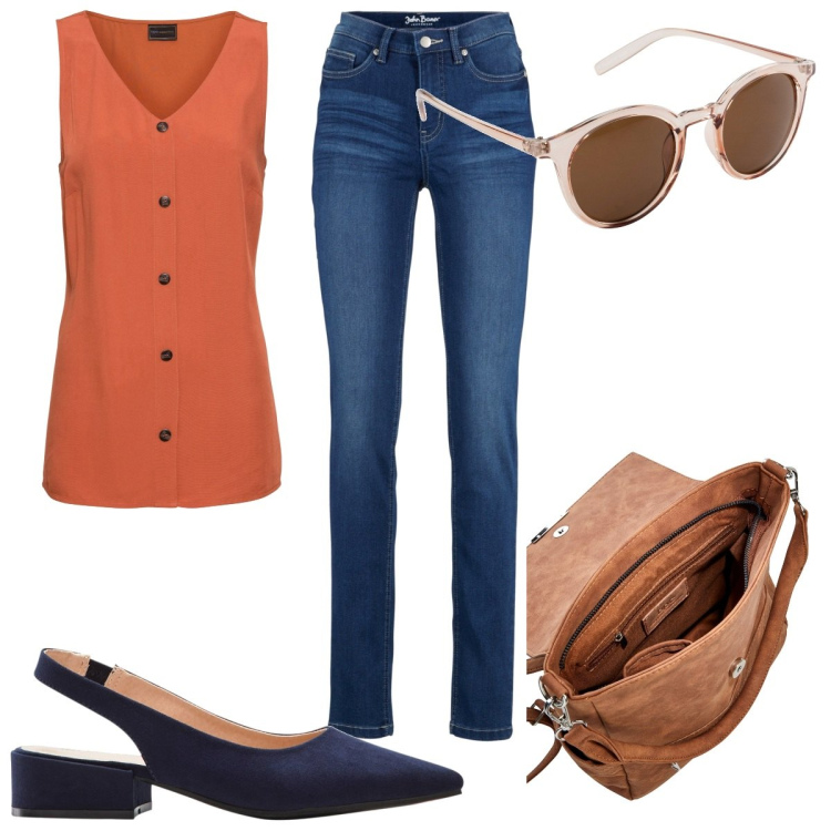Outfit donna - Single \'s con Bonprix. Stile Trendy per Tutti i giorni. Abbinamento con jeans slim fit, occhiali da sole, décolleté, top, zaini.