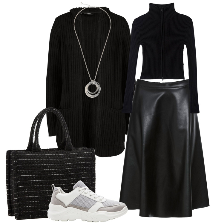 Outfit donna - Black minimal. Stile Urban per Tutti i giorni. Abbinamento con cardigans, gonne, collane, sneakers, shopping bag, maglieria.
