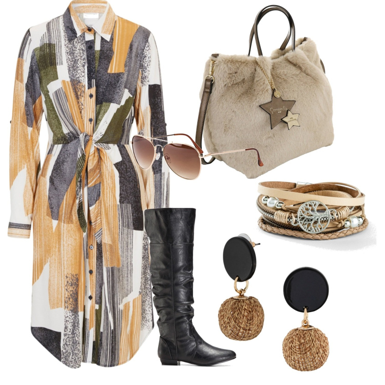 Outfit donna - Chemisier mon amour. Stile Chic per Ufficio. Abbinamento con stivali sopra il ginocchio, braccialetti, orecchini, occhiali da sole, vestiti chemisier, borse a mano.