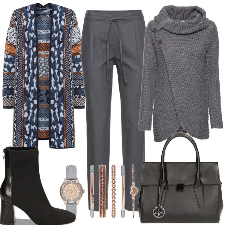 Outfit donna - cardigan fantasia etnica. Stile Casual per Ufficio. Abbinamento con pantaloni, maglieria, cardigans, borse a mano, stivaletti, orologi.