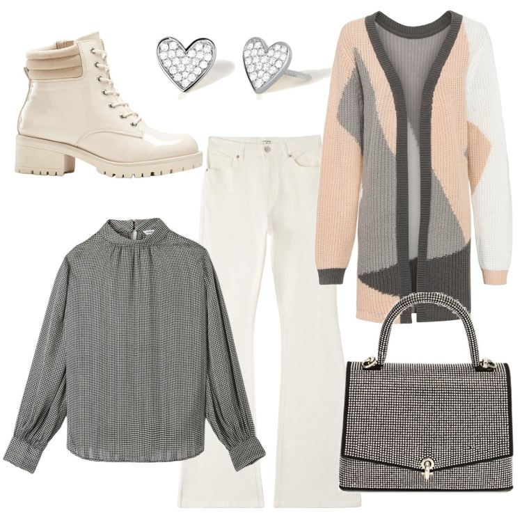 Outfit donna - Tonalità delicate. Stile Sporty chic per Tutti i giorni. Abbinamento con cardigans, stivaletti, bluse, pantaloni, orecchini, borse a mano.