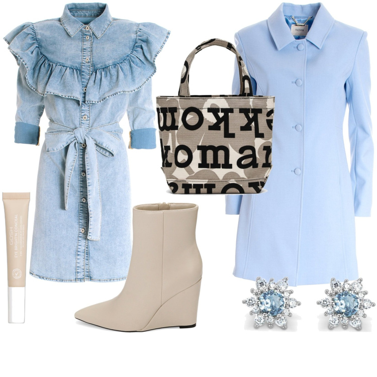 Outfit donna - Total look #1757020. Stile Casual per Ufficio. Abbinamento con correttori, orecchini, cappotti, vestiti chemisier, stivaletti, borse tote.