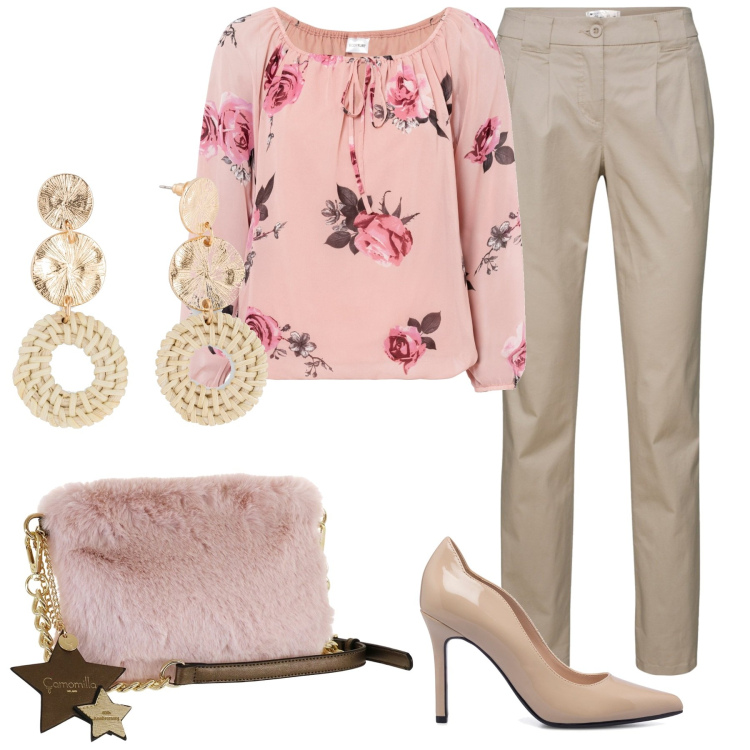 Outfit donna - Pink. Stile Casual chic per Ufficio. Abbinamento con pantaloni chino, orecchini, bluse, décolleté, borse a tracolla.