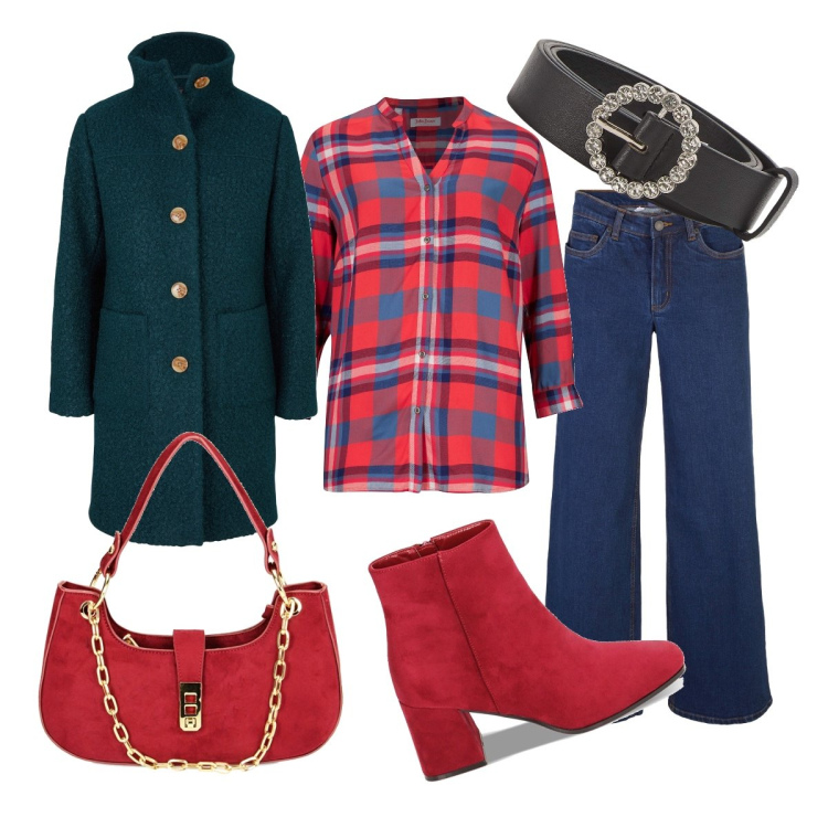 Outfit donna - Trendy con lo stivaletto rosso. Stile Trendy per Ufficio. Abbinamento con cappotti, camicie, jeans, cinture, borse a spalla, stivaletti.