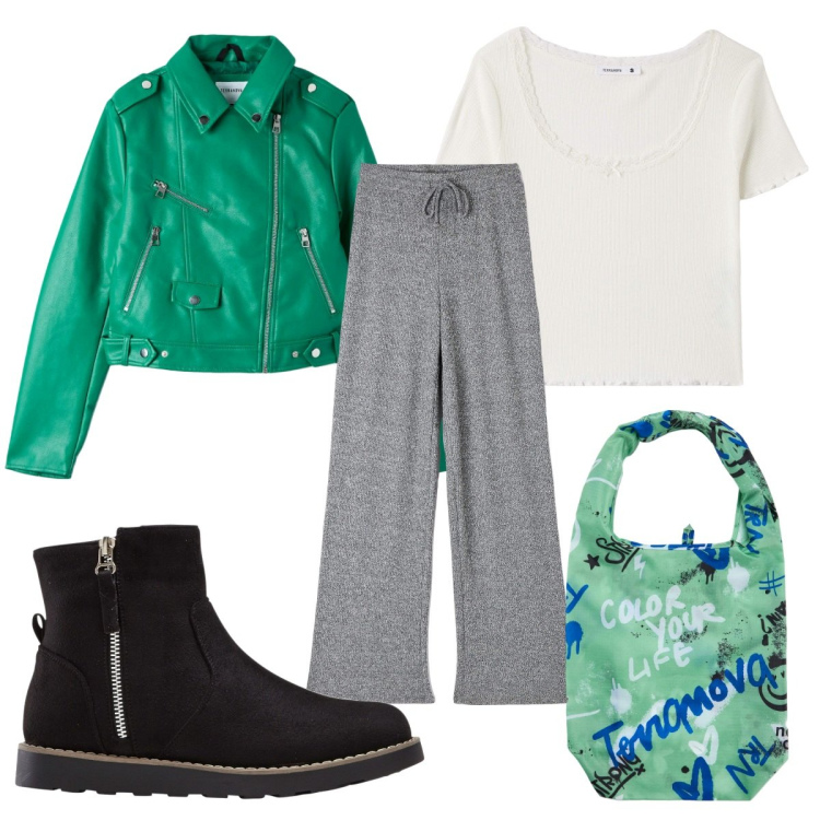 Outfit donna - Singles\' day in verde. Stile Trendy per Tutti i giorni. Abbinamento con stivaletti, cappotti, t-shirt, shopping bag, pantaloni.
